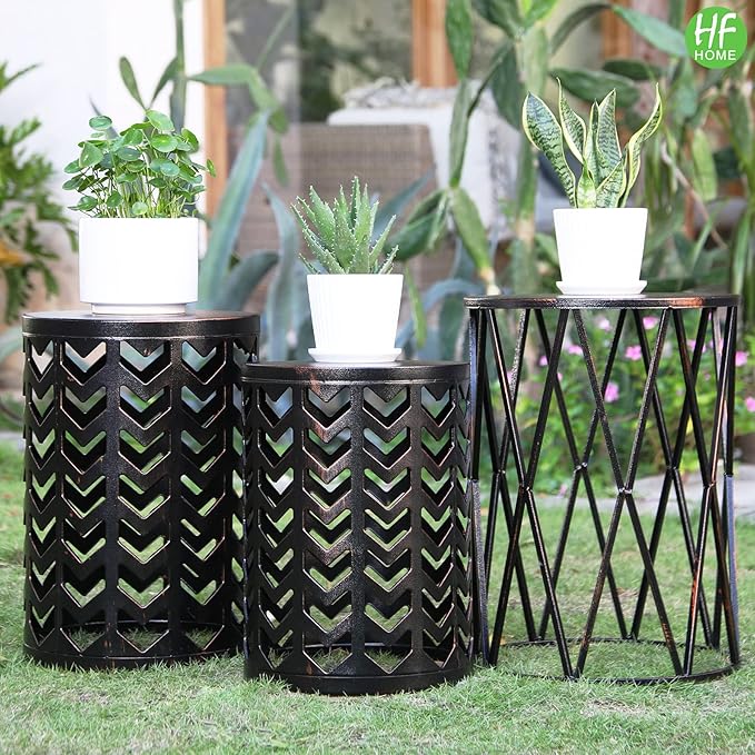 HFHOME Set of 3 Metal Side End Tables Nightstand, Multifunctional Nesting Round Coffee Table for Indoor, Heavy Duty Plant Stand Outdoor - Black with Bronze Prush (Ship from US)