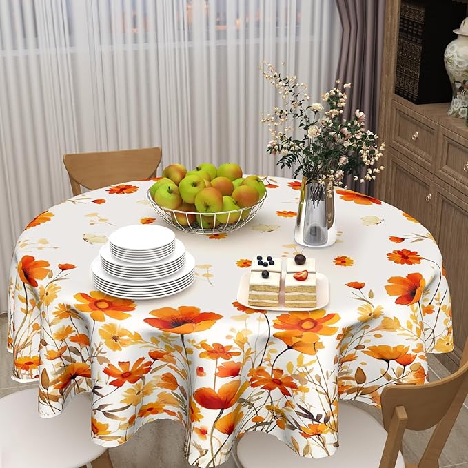 Giwawa Fall Floral Round Tablecloth 60 Inch,Watercolor Orange Wildflowers Autumn Reusable Washable Polyester Table Cover Seasonal Indoor Outdoor Dining Decorations for Home Party Picnic