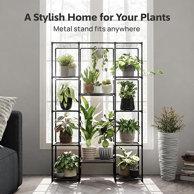 Plant Stand Outdoor Tall Plant Shelf Indoor Metal Large Hanging Plant Cabinet Waterproof Plant Rack Flower Holder for Living Room Patio Balcony Garden Black