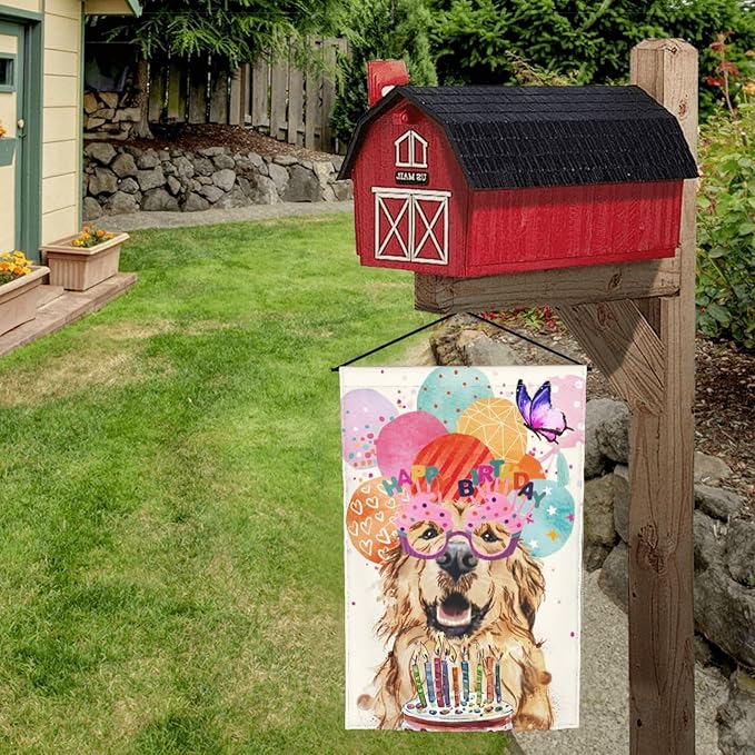 Happy Birthday Cake Balloon Ribbon Golden Dog Retriever Garden Flag Welcome Party Outdoor Outside Decorations Picks Home House Garden Yard Decor 12x18 Inch