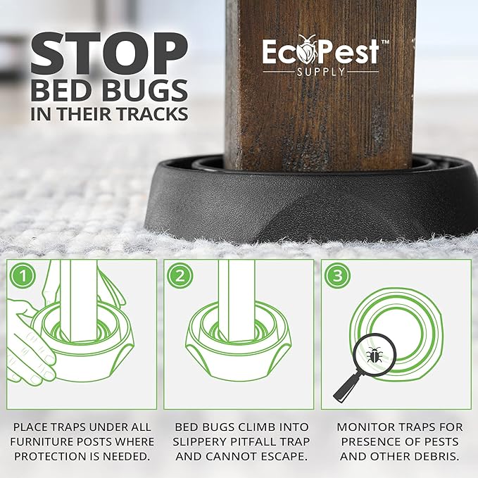 ECOPEST Bed Bug Interceptors – 8 Pack | Bed Bug Blocker (Pro) Interceptor Traps (Black) | Insect Trap, Monitor, and Detector for Bed Legs