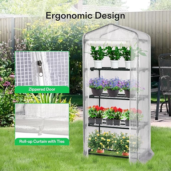 VIVOSUN Mini 4-Tier Greenhouse with Wheels, 27 x 19 x 63-Inch Reusable Portable Warm House with White PE Cover and Shelf for Compact Garden and Small Backyards, with Wheels