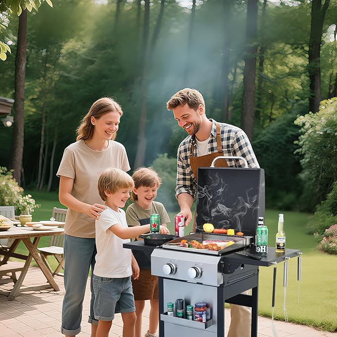 2-Burner Propane Gas BBQ Grill with Porcelain-Enameled Cast Iron Grates, Baking Sheet, 2 Foldable Side Tables, 24,600 BTU Stainless Steel Grill for Outdoor Camping Barbecue Grilling Backyard Cooking