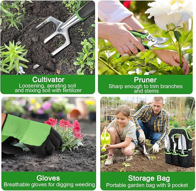Garden Tools Set, 8 Piece Gardening Tools Set with Non Slip Ergonomic Handle, Heavy Duty Garden Tool Set with Storage Bag, Gardening Kit for Women, Garden Hand Tools Gift, Green