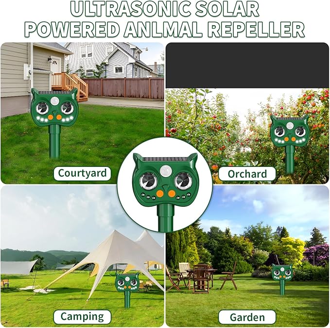 2 Pack 2025 Upgraded Solar Ultrasonic Animal Repellent Outdoor – Motion Activated Deer, Squirrel, Cat, Raccoon, Dog & Bird Deterrent with Multi-Frequency LED Strobe & Ultrasonic Sweep for Yard Garden