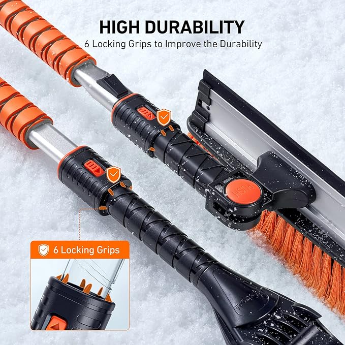 AstroAI 62.4" Ice Scrapers for Car Windshield, 3 in 1 Sturdy Snow Brush with Squeegee, 10 Adjustable Length Settings, Extendable Aluminum Handle, 180° Pivoting Snow Brush for Car, Truck, SUV(Orange)