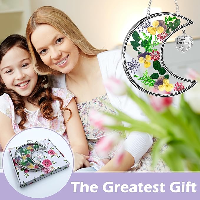KY&BOSAM Moon Suncatcher I Love You Aunt Stained Glass for Window Hangings Wind Chimes Decor with Pressed Real Flower and Metal Charm Birthday Gift for Women Aunt Mother`s Day Christmas