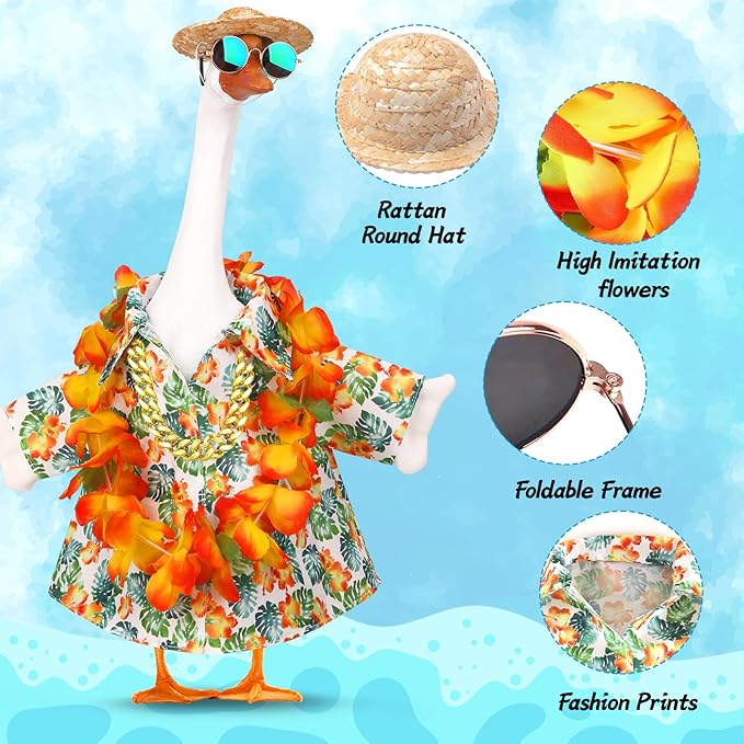 5Pcs Porch Goose Outfits Summer Hawaiian 23" Yard Garden Lawn Goose Clothes with Wreath Straw Hat Glasses Necklace Funny Porch Goose costume Set for 23" Plastic Cement Goose Statue Outdoor Decoration