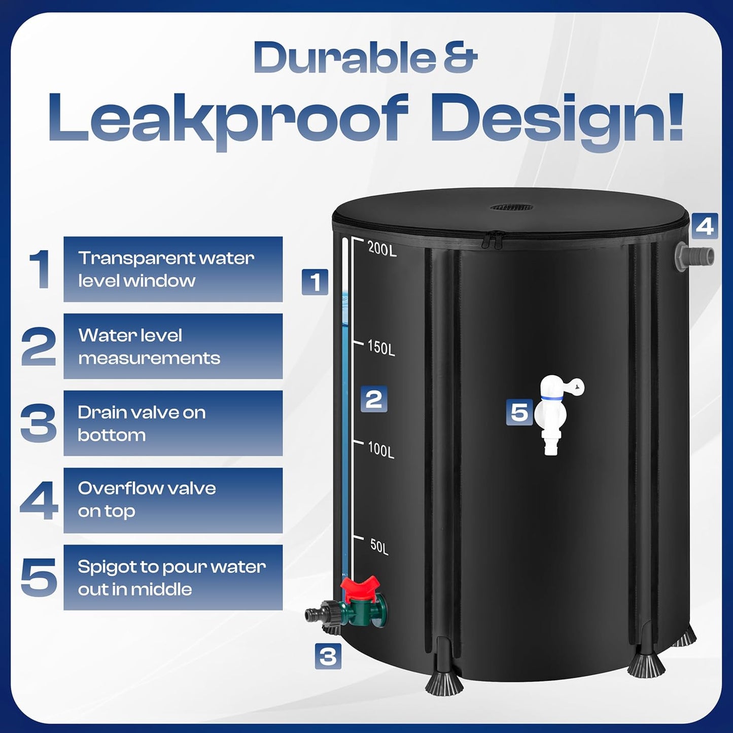 Collapsible Rain Barrel, Portable Rain Water Collection System Kit, 53 Gallon – Foldable Water Tank & Storage Reservoir with Spigot for Garden, Lawn, & Emergency Use