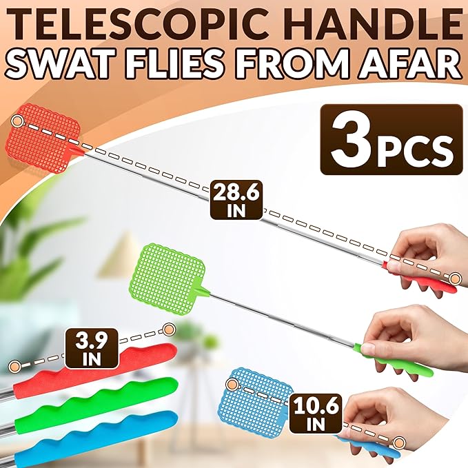 3 Pcs Fly Swatter for Indoors – 28.6" Telescoping Handle, Stainless Steel, Flexible Bug & Mosquitoes Fly Swatters, Bright Colors FlySwatter Heavy Duty for Kitchen & Home