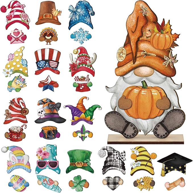 Blulu Interchangeable Wooden Gnome Decor DIY Holiday Seasonal Fall Gnomes Halloween Tiered Tray Decoration with Magnet Pieces Halloween Welcome Sign for Holiday Decorations(Retro Watercolor)