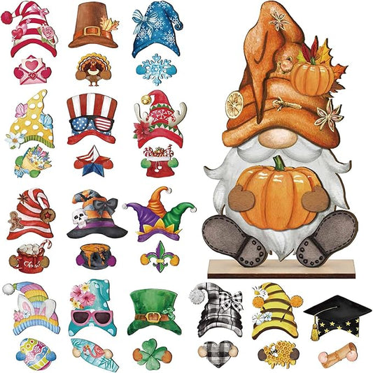 Blulu Interchangeable Wooden Gnome Decor DIY Holiday Seasonal Fall Gnomes Halloween Tiered Tray Decoration with Magnet Pieces Halloween Welcome Sign for Holiday Decorations(Retro Watercolor)
