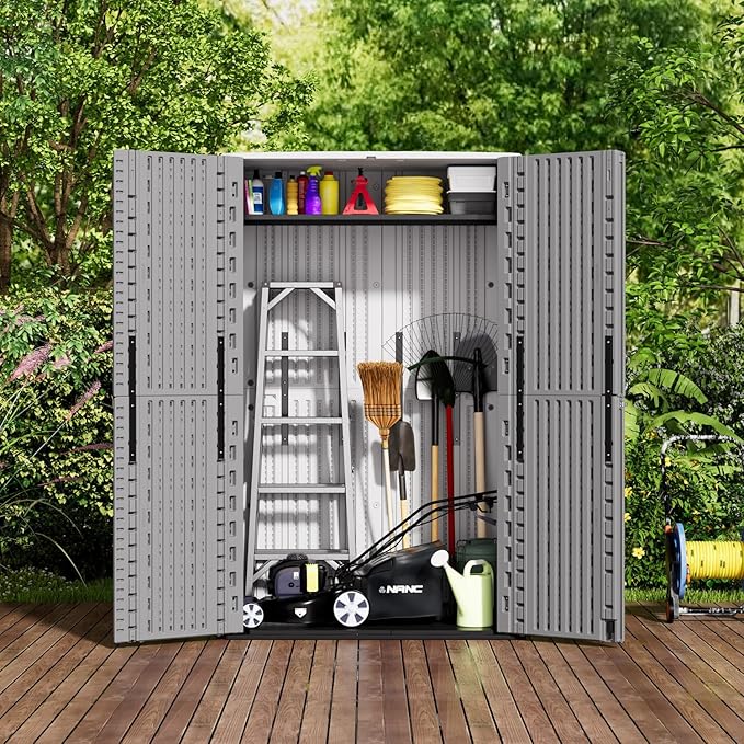 ZZM 67 Cuft Vertical Outdoor Storage Shed Diamond Texture Resin Outdoor Cabinet, 4x6 Sheds FT for Garden, Patio, Backyard, All-Weather Plastic Storage Clearance, Lockable with Floor (Grey-White)