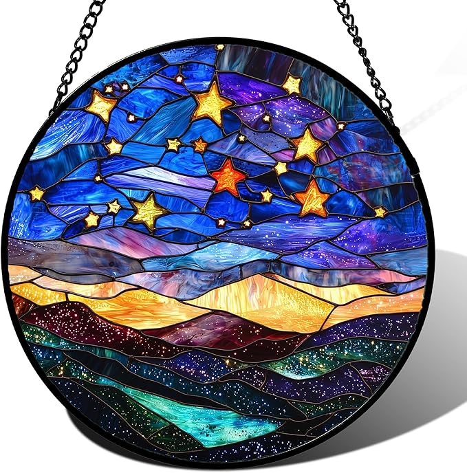 Stained Glass Window Hanging, Blue Sky Gold Stars Abstract Landscape Suncatcher for Doors Window Home Sun Catchers Decor Mother's Day Birthday Gifts for Women, Men Mom 7.8 in