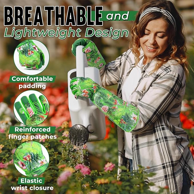 HANDLANDY Women Gardening Gloves, Scratch Resistant Breathable Ladies Rose Pruning Long Gauntlet Floral Print Garden Yard Gloves, Gift for Gardeners (Green, L)