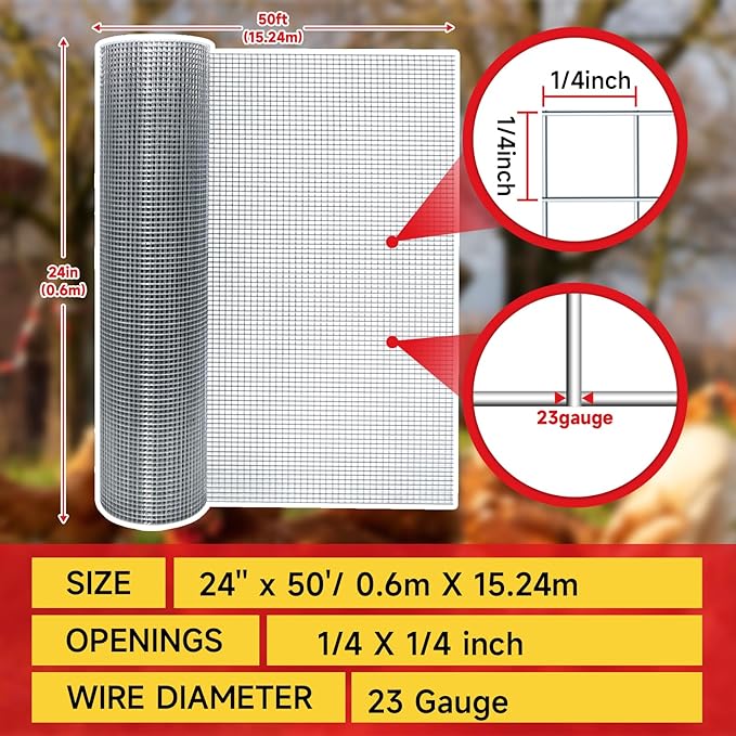 Hardware Cloth,1/4inch 24inx50ft 23 Gauge,Double-Layer Hot-Dip Galvanizing After Welding,Chicken Wire Fence Wire Mesh Fence Poultry Netting Garden Fence Tree Guard Rolls