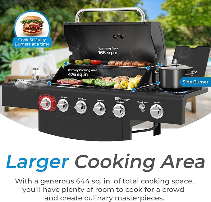 Kenmore BBQ Propane Gas Grill - 5 Burners with Side Burner & Searing Zone, 644 Sq. In. Stainless Steel Grill, 66,000 BTU, Ideal for Outdoor Cooking, Patio & Backyard, Black