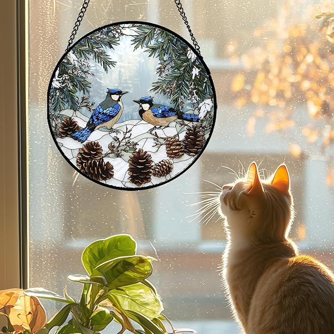 Stained Glass Window Hanging - Blue Bird Winter Forest Landscape Suncatcher for Door Garden Yard Sun Catchers Decor Christmas Mother's Day Birthday Gifts for Women Mom Nana Friend 11.8 in