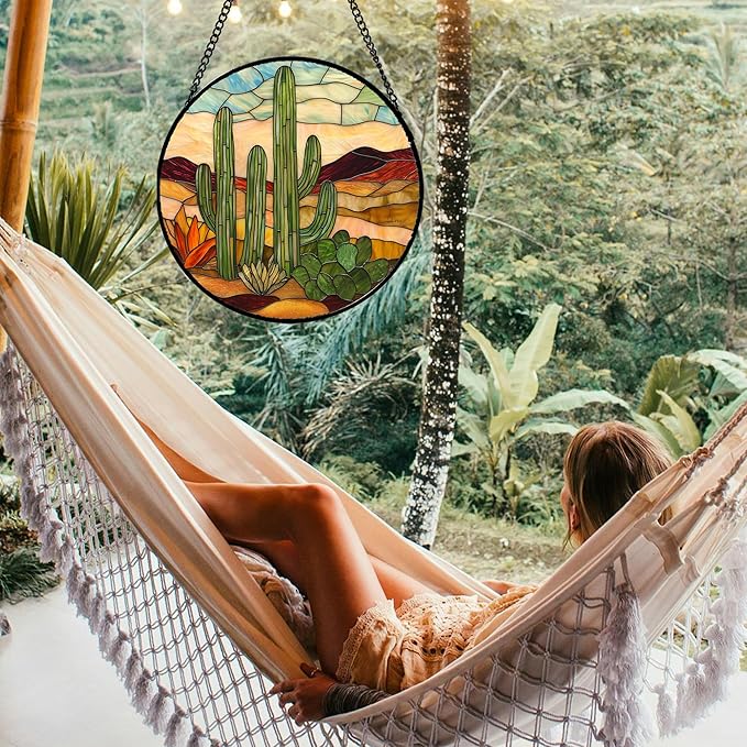 Stained Glass Window Hanging, Green Cactus Sun Catcher for Door Terrace Garden Home Decor, Abstract Desert Landscape Suncatcher Birthday Gifts for Lovers Women Men Dad Mom Nana 7.8 in