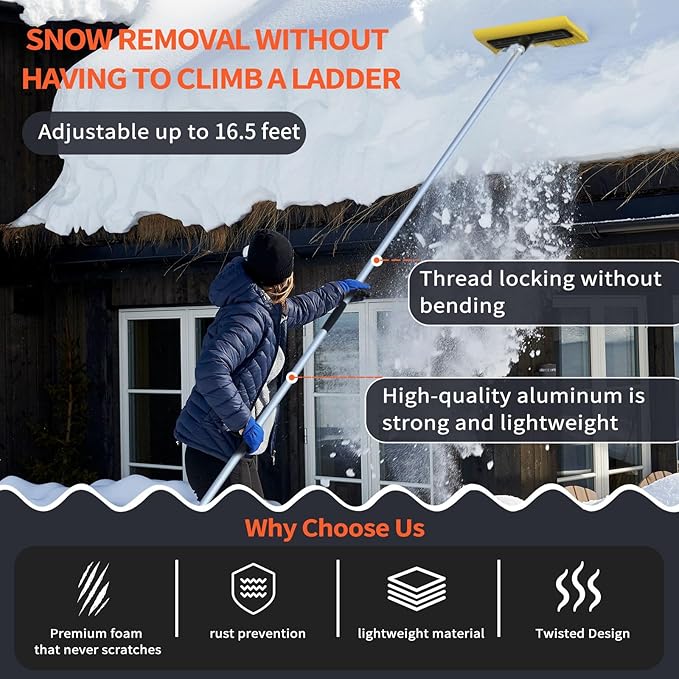 Never-Scratch SnowBuster | 21-Foot Snow Roof Rake | EVA Soft Foam Pad Snow Removal Tool | Heavy-Duty Aluminum Handle | S-Shaped Push/Pull Design for House Roofs, Solar Panels, Cars, and Leaves