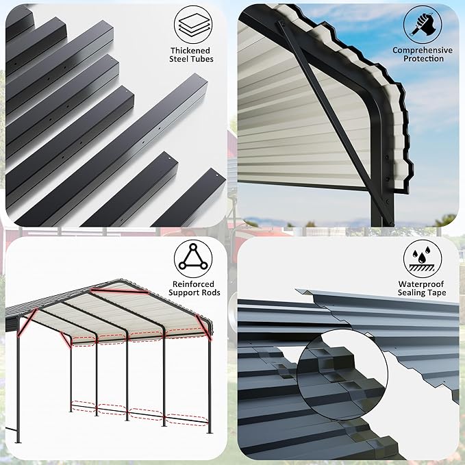 Polar Aurora 10x15 FT Metal Carport with Reinforced Base - Heavy Duty Galvanized Outdoor Shelter for Cars, Trucks, Boats, and Tractors