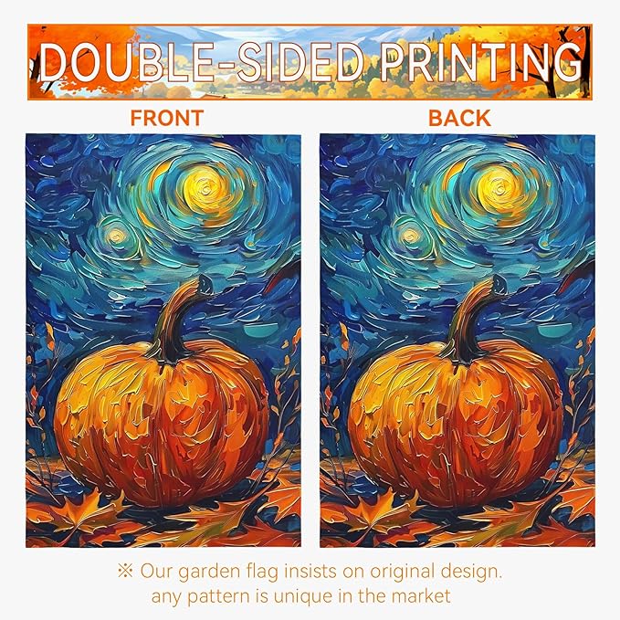 Fall Garden Flag Pumpkin Maple Leaf Yard Flags Van Gogh Garden Flags Art Starry Night Sky Moon Garden Flags Autumn Harvest Thanksgiving House Banner for Patio Farmhouse Outdoor 12 x 18 Inch