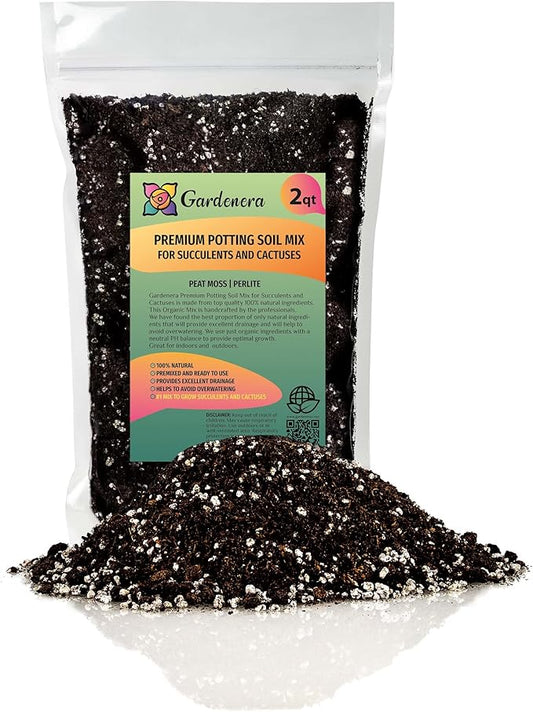 Premium Organic Potting Soil, Succulent & Cactus Soil Mix, Fast Draining Pre-Mixed Blend - Horticultural Perlite (25%) + Peat Moss (75%) - Made in USA - 2 Quart