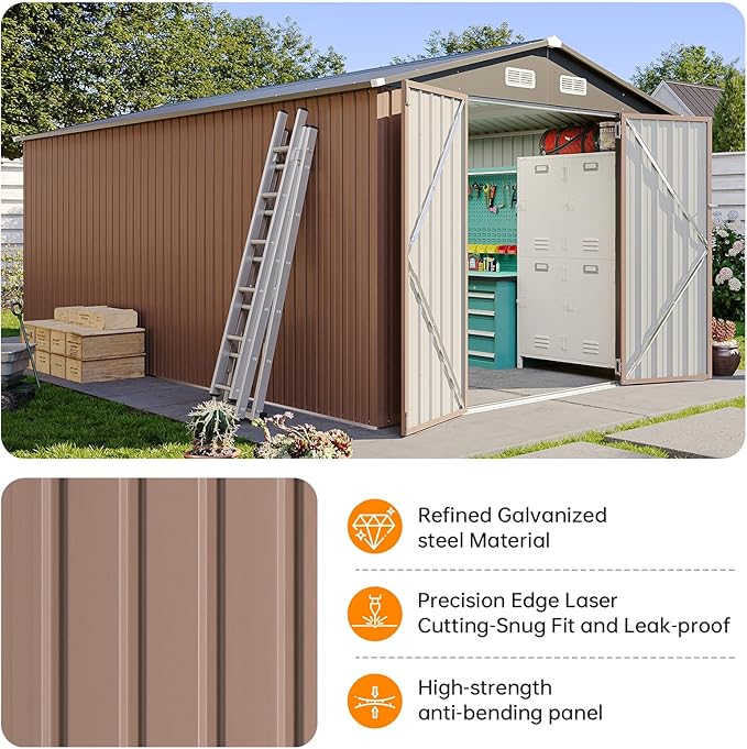 8x15 FT Metal Outdoor Storage Shed, Dual Doors with Lockable Bolts, Large Garden Shed for Yard Tools, Bike, Generator, Waterproof Galvanized Steel Panel with Vent & Sloping Roof(Brown)