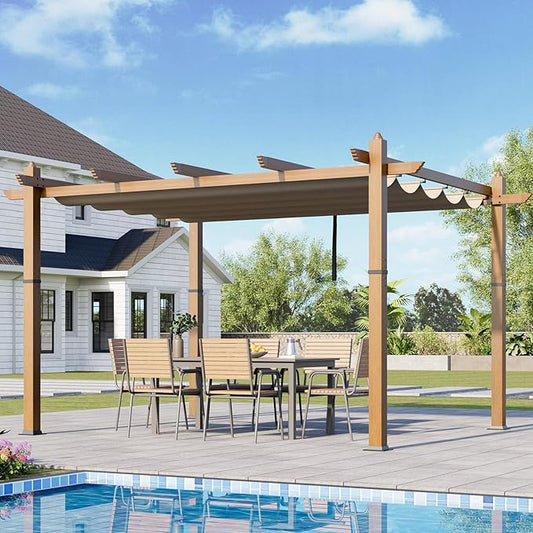 10x13 Ft Outdoor Retractable Pergola with Adjustable Roof Modern Metal Patio Gazebo, Upgraded Faux Wood Grain Aluminum Pergola for Deck, Backyard Gardens, Porches, Grapevines, Khaki