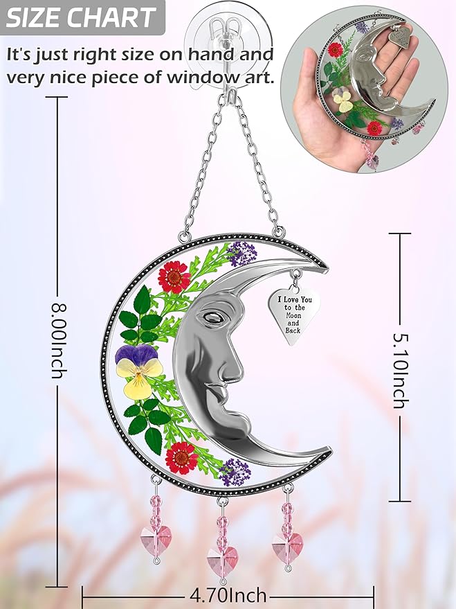 KY&BOSAM Sun Face Moon Suncatcher I Love You to The Moon and Back Stained Glass for Window Hangings Wind Chime Decor with Pressed Real Flower and Metal Charm Gift for Women Mother`s Day Christmas