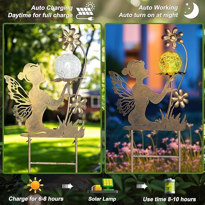 HONGLAND Fairy Garden Accesorries Solar Lights Garden Decor for Outside, Fairy Figurine Moon Lights Stake Housewarming Gifts for Patio Lawn Yard Pathway- Unique Gardening Gifts for Women Mom Grandma