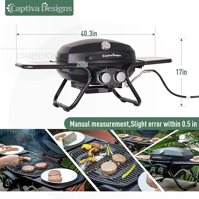 Captiva Designs Portable Propane Grill, 15,000 BTU Output TableTop Liquid Gas Grill with 2 Stainless Steel Burners, 275 sq.in. Cooking Area with Side Tables