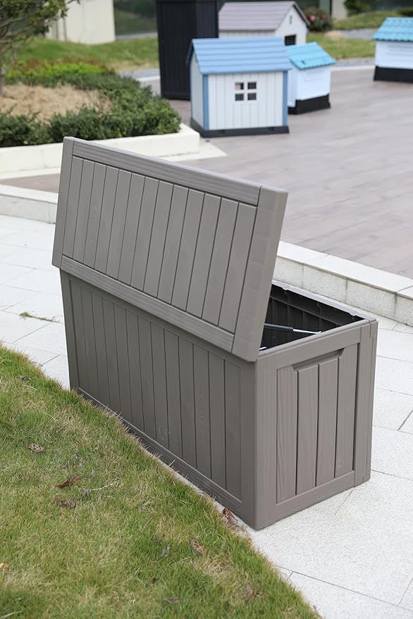 BTEXPERT 80 Gallon Deck Box Outdoor Storage Container with Steel Insert for Patio Furniture Garden Tools Cushions Pool Supplies Sports Equipment Waterproof Lockable UV Resistant Resin