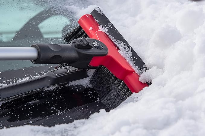 Mallory USA Mini Telescoping 35" Pivoting Dual Head Snow Broom with Squeegee, Integrated Ice Scraper (Red)