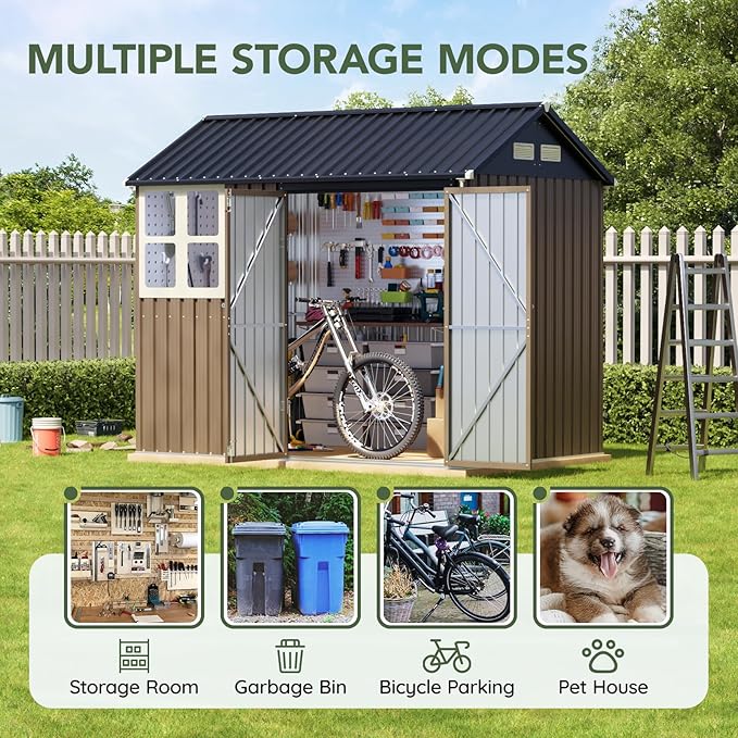 8x6 FT Outdoor Metal Storage Shed, Double Doors, 1 Clear Window, Tool Shed for Garden, Patio, Backyard Brown