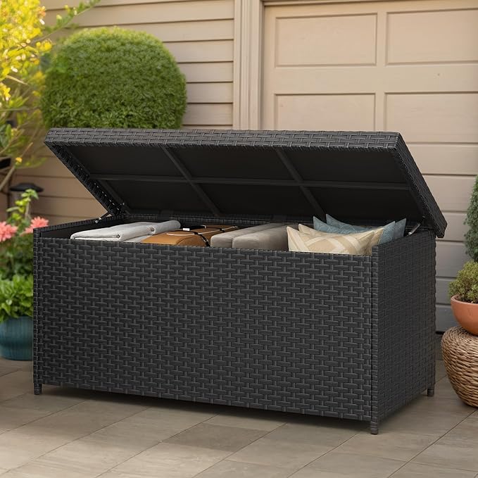 YITAHOME 260 Gallon Wicker Deck Box, XXL All-Weather Outdoor Storage Box, Extra Large Rattan Storage Bin for Patio Furniture, Outdoor Cushions, Pool Storage and Garden Tools (Black)