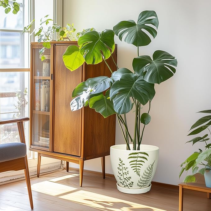 Ceramic Planter - 10 Inch Plant Pot for Outdoor Flowers with Drainage Hole and Saucer, Boho Round Decorative Indoor Flower Pot, Gifts for Plants Lovers, Home Patio Garden Room Decor, White