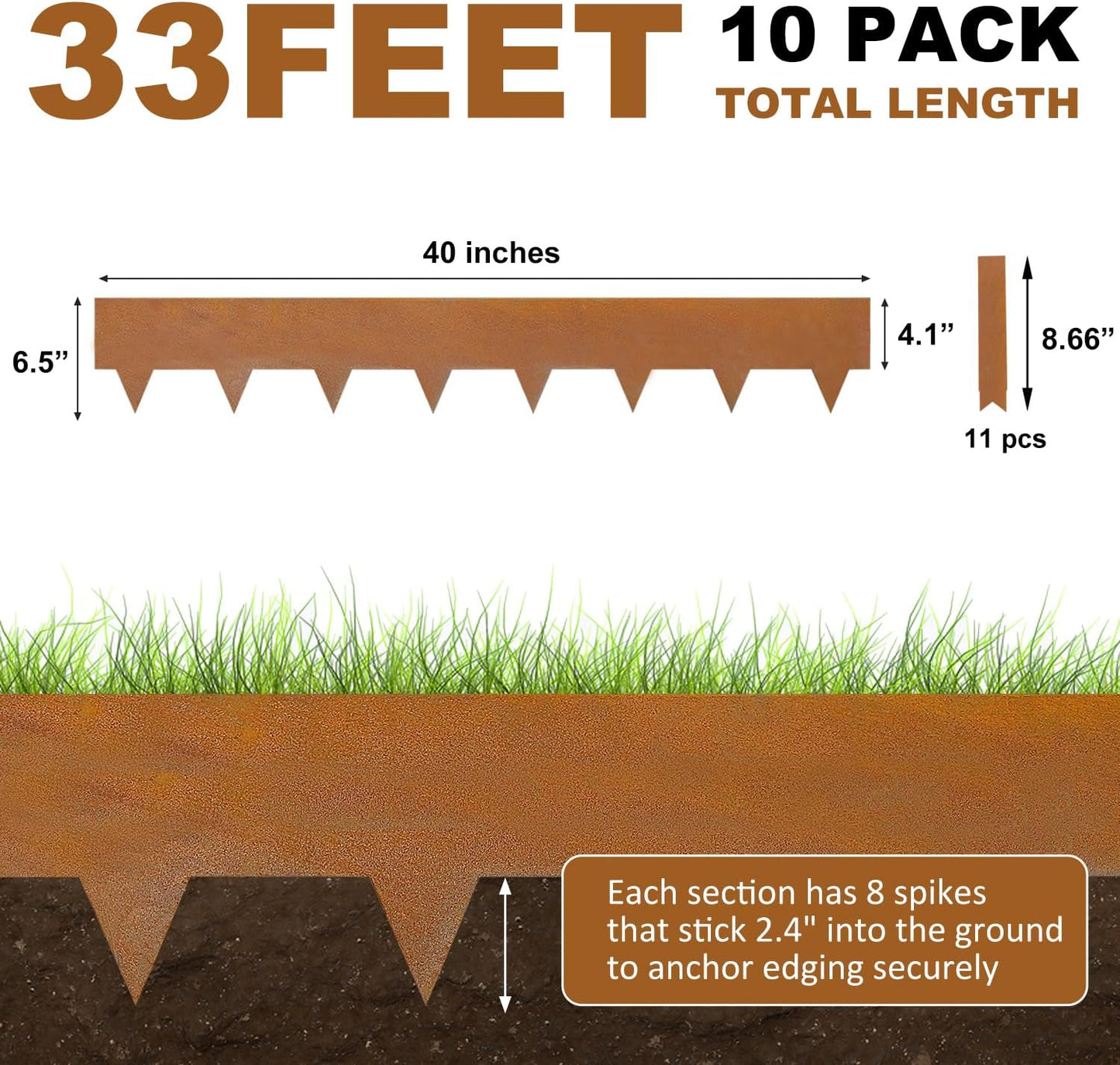 Hugeleaf 10 Pack 6.5 Inch Corten Steel Landscape Edging with 11 Pcs Metal Clips, Hammer-in Heavy Duty Metal Edging Pack of 10 (33 Feet Total Length) -Edge for Lawn Garden Yard, Above Ground 4.1 Inch