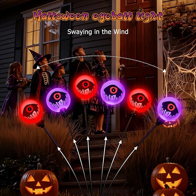 Halloween Decorations Outdoor Lights, 6 Pack 36LEDs Purple and Orange Solar Halloween Lights, Waterproof Swaying by Wind Spooky Solar Eyeballs Light for Yard Garden Party Halloween Decor