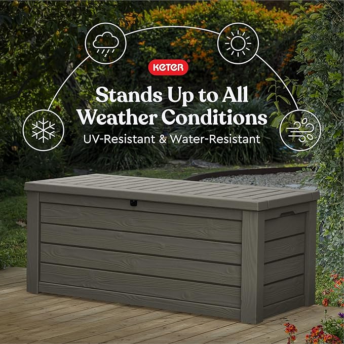 Keter Westwood 150 Gallon Resin Large Outdoor Storage Box for Patio Furniture, Outdoor Cushions, Garden Tools and Pool Floats, Mossy Brown
