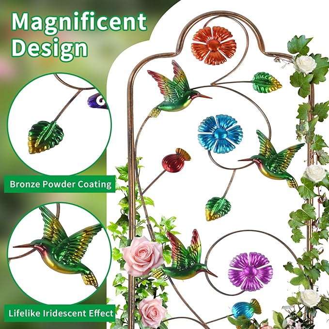 2-Pack Metal-Garden-Trellis Plant-Support-Trellises Outdoor-Decoration Arched-Fence-Trellis - for Climbing Plants Patio Lawn Yard Backyard Wall Brackets 60'' H x 12'' W Hummingbird