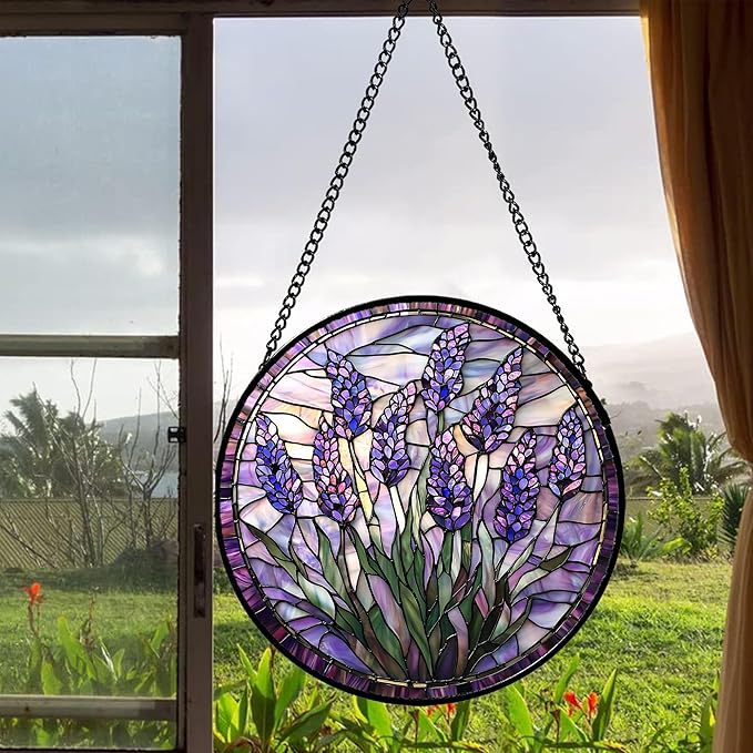 Stained Glass Window Hanging - Purple Flowers Suncatcher for Door Terrace Garden Home Decor Lavender Plant Floral Sun Catcher Birthday Gifts for Lovers Women Men Dad Mom Nana 11.8 in
