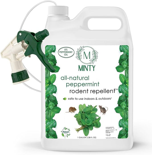 Minty Rodent Repellent, Natural 5% Peppermint Oil Spray for Mice, Rats, Chipmunks and Rodents, Indoor and Outdoor, House and Car Engine Use, 128 fl oz Gallon