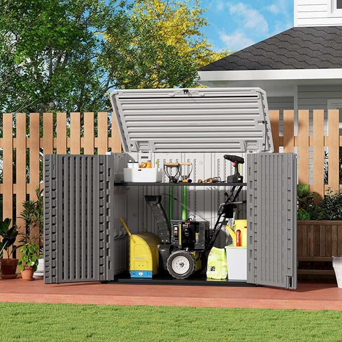 ZZM Outdoor Storage Shed Diamond Texture 4x3FT Horizontal Shed | 34 Cu.Ft Waterproof Resin Cabinet with Double-Wall | UV-Resistant & Lockable for Garden Tools, Bikes, Patio Furniture (Grey-White)