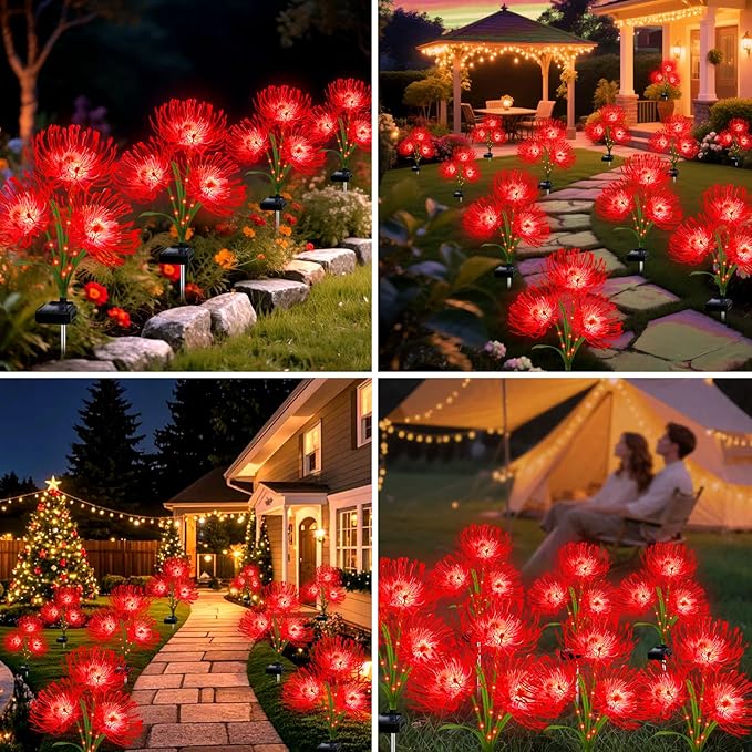 Solar Christmas Outdoor Lights Red Spider Lily – 8 Pack 24-Head Waterproof Garden Flower with Glowing Stems,Decorative Solar Powered Yard,Patio & Lawn Decor,Holiday & Gardening Gifts for Women Grandma