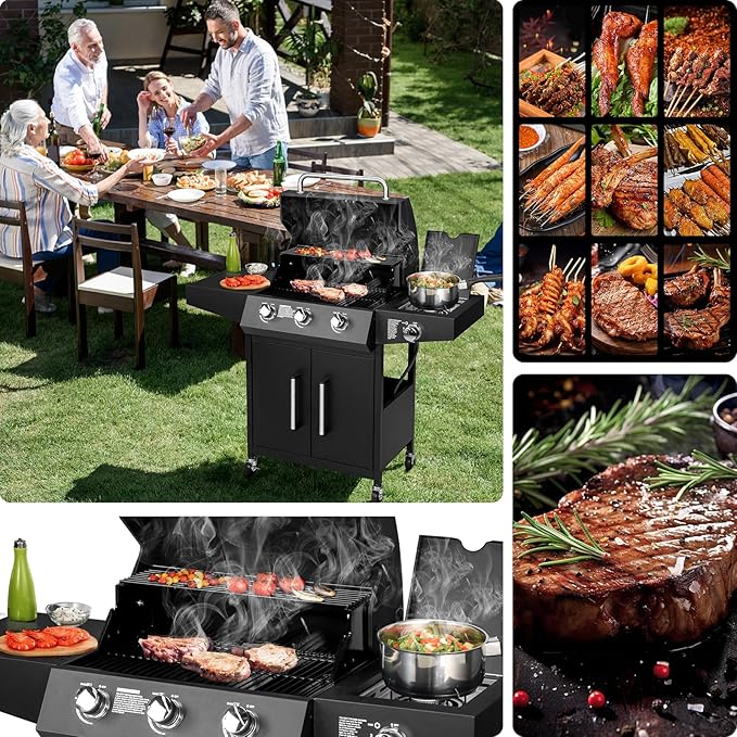 Bonnlo 3 Burner Propane Grills with Side Burner and Porcelain-Enameled Grates, 46000BTU Gas Grill with Side Shelf and Portable Rolling Wheels, Grill for Outdoor Cooking BBQ Patio Backyard