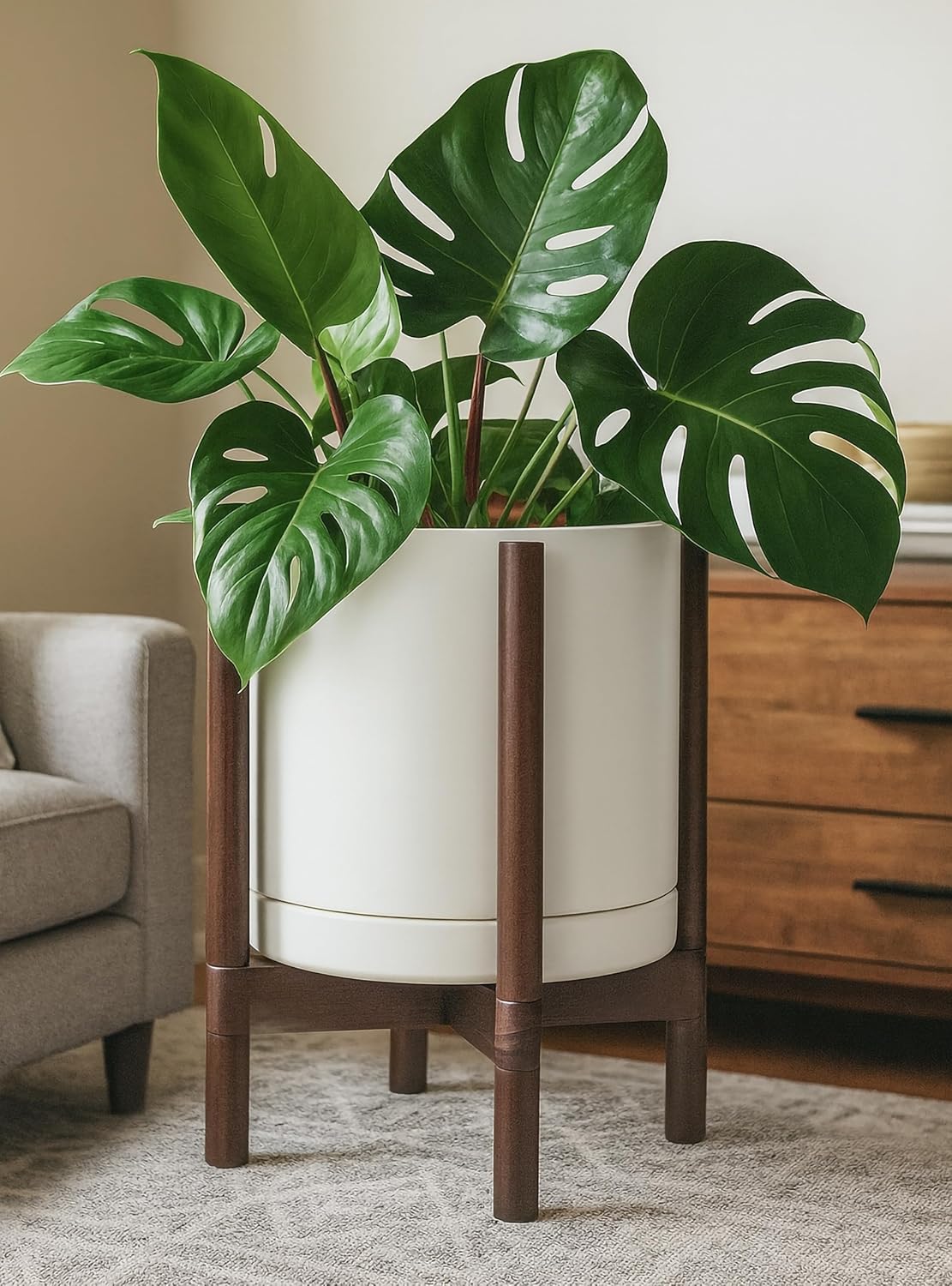 D'vine Dev Ceramic Planter with Walnut Color Stand - 12 Inch Modern Round Flower Pot with Wood Planter Holder, Oatmeal, 55-B-W-8