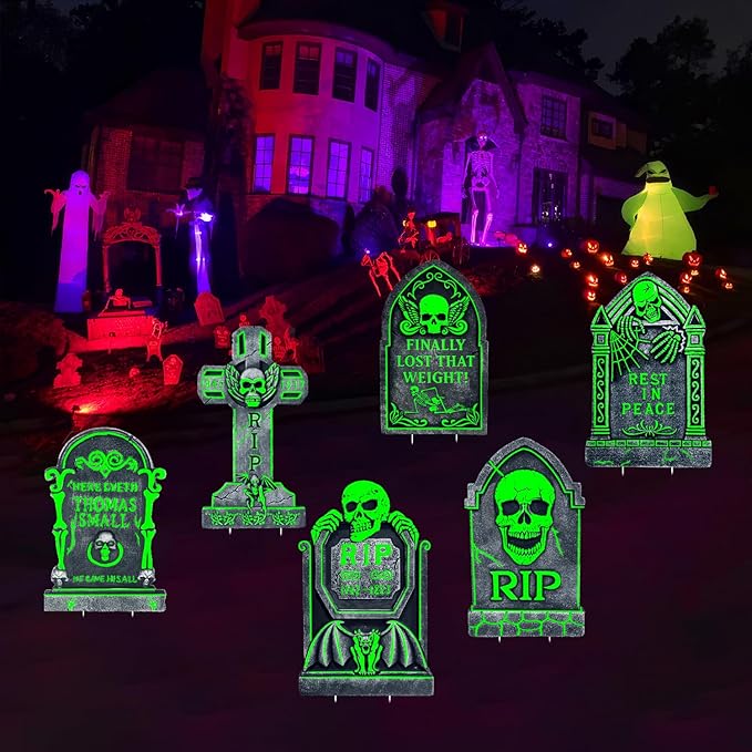 17”×10” Large Halloween Yard Decorations, 6 Pack Waterproof Glow in The Dark Tombstones, Outdoor Light Up Gravestones for Yard, Party, Home and School, Spooky Cemetery Halloween Decor