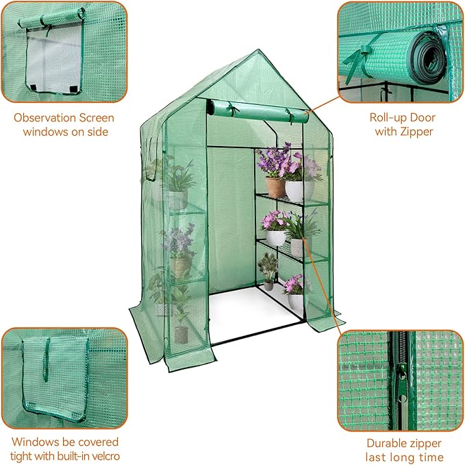 Walk in Greenhouse with Shelves,Walk-in Plant Plastic Green House with Windows Green PE Cover, 3 Tiers 6 Shelves Greenhouse Frame Stands with Ground Pegs & Ropes,56" L x 29" W x 77" H