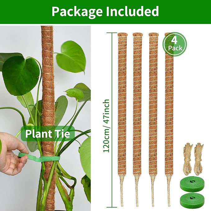 4 Pack Moss Pole, 47-Inch Moss Poles for Plants Monstera,Bendable Plant Support Stakes for Climbing Plants Indoor, Garden Trellis Plant Stick for Potted Plants, Pothos Philodendron